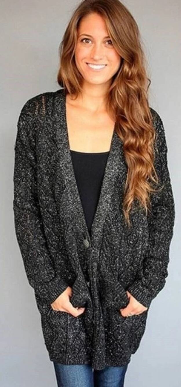 Free People New Romantics Cardigan Sweater Women Sz S Black Metallic Cable Knit
